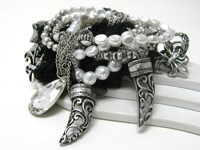 CRYSTAL AND TUSK CHARM MULTI ROW BEADS AND CHIFFON STRETCH BRACELET