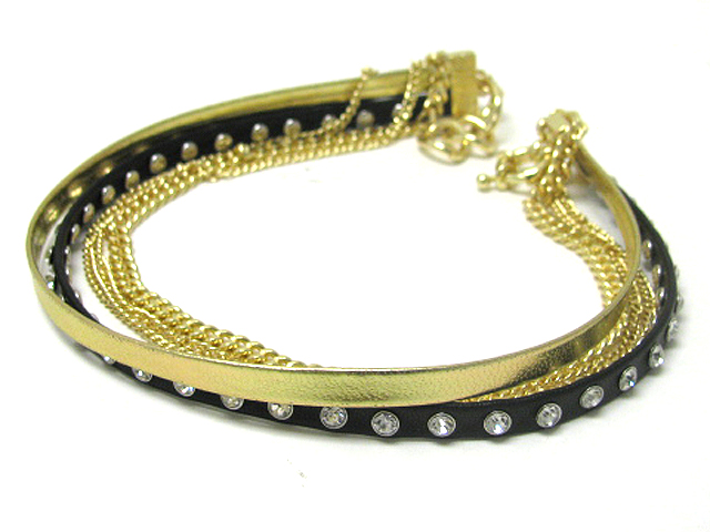 20 INCH LONG CRYSTAL STUD LEATHER BAND ND MULTI METAL CHAIN BRACELET - FREE WRAP STYLE