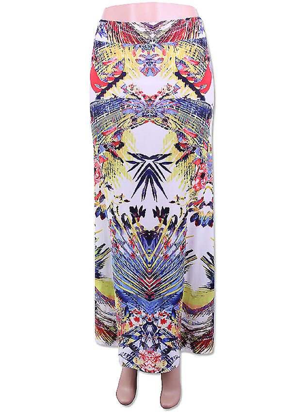 ABSTRACT PATTERN ELASTIC MAXI SKIRT - 92% POLYESTER 8% SPANDEX