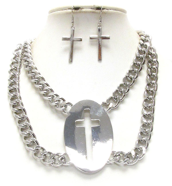 PLAIN METAL PENDANT CROSS CUT AND DOUBLE THICK CHAIN NECKLACE EARRING SET