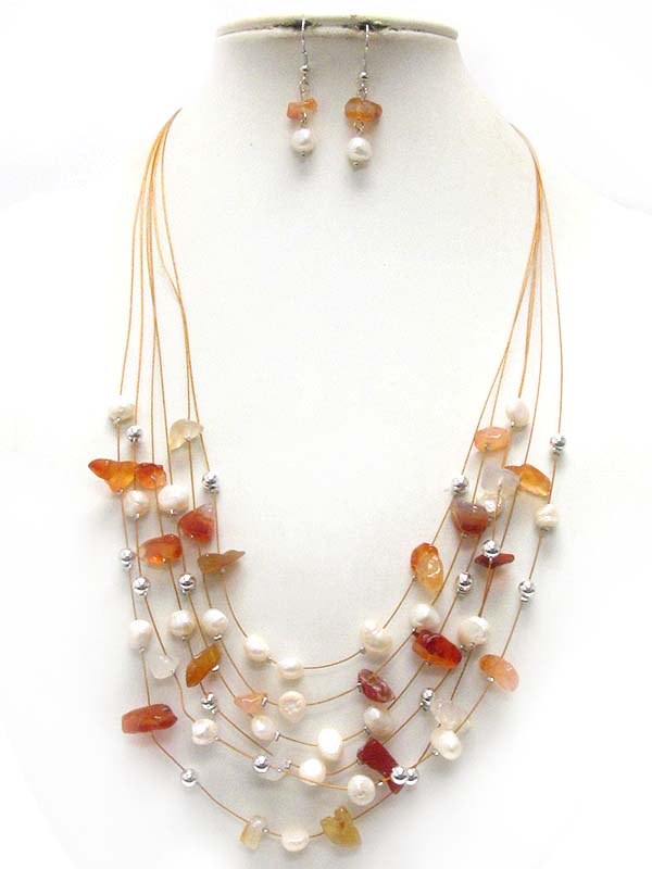 MULTI LAYERED WIRE AND BEAD NECKLACE EARRING SET