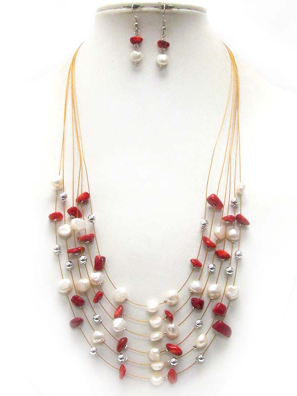 MULTI LAYERED WIRE AND BEAD NECKLACE EARRING SET