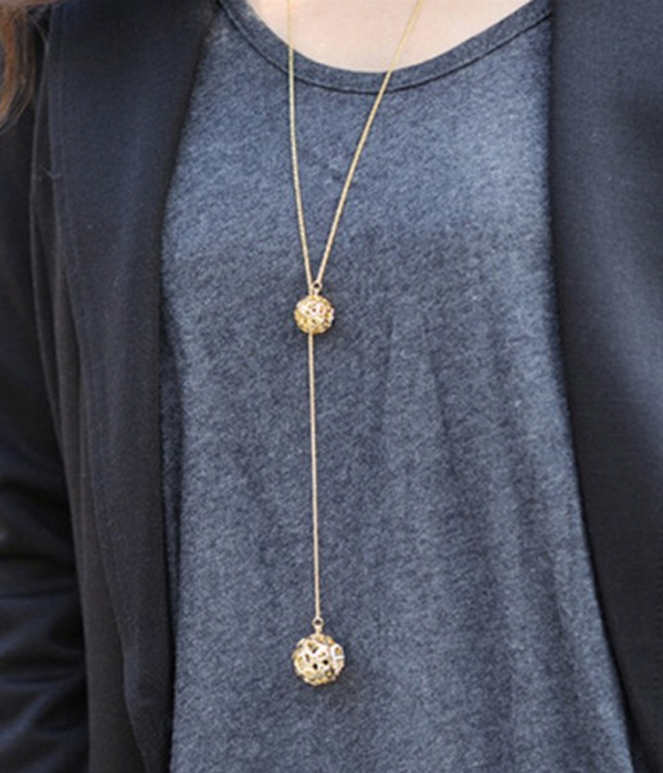 DOUBLE HOLLOW BALL DROP Y SHAPE NECKLACE
