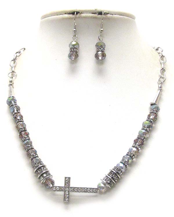 CRYSTAL CROSS PENDANT AND GLASS AND RONDELL BEAD NECKLACE EARRING SET
