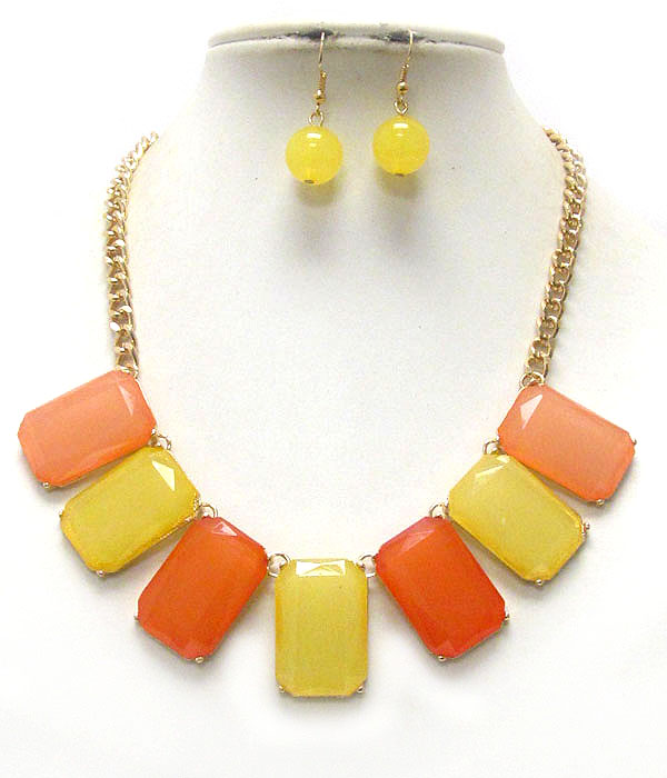 MULTI COLOR FACET ACRYLIC SQUARE STONE LINK NECKLACE EARRING SET