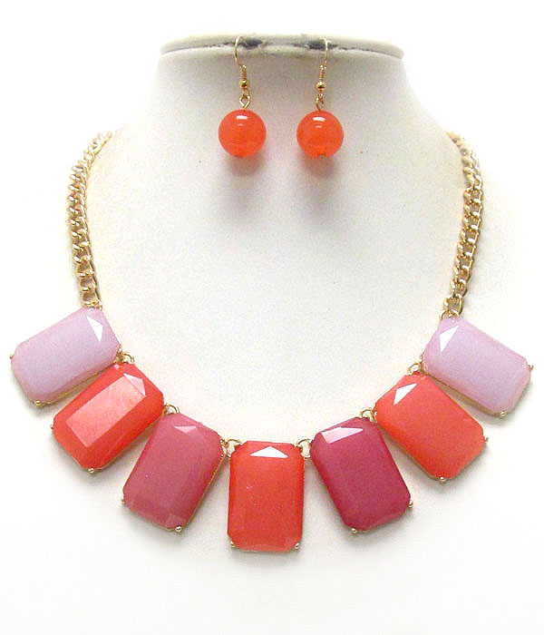 MULTI COLOR FACET ACRYLIC SQUARE STONE LINK NECKLACE EARRING SET