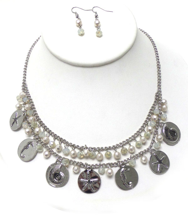 PEARL AND MULTI SEALIFE DISC DROP NECKLACE SET 