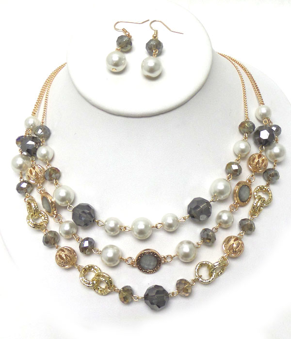 THREE LAYER PEARL AND BEADS  NECKLACE SET