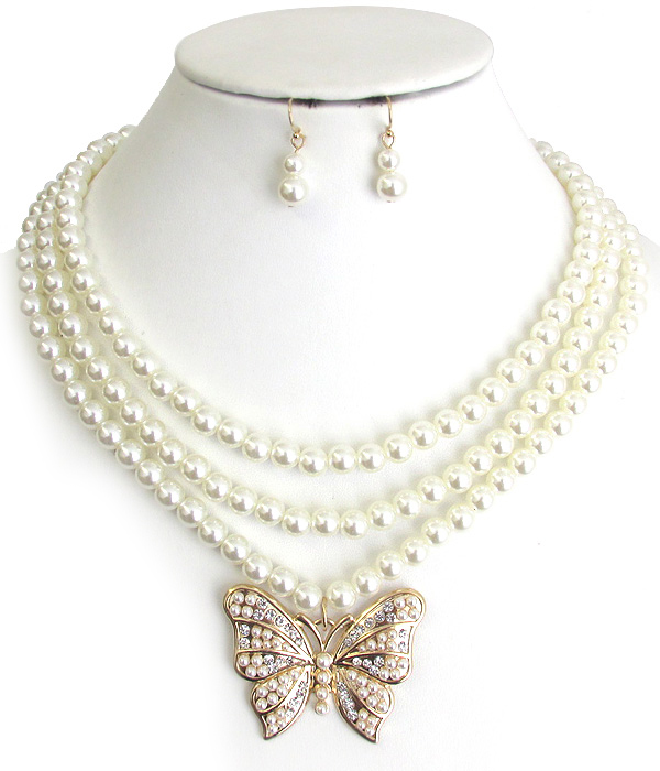 TRIPLE LAYER PEARL CHAIN CHUNKY BUTTERFLY PENDANT NECKLACE SET