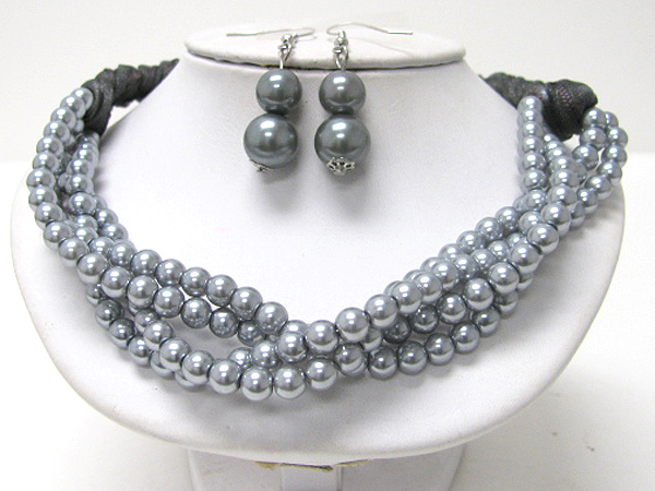 MULTI BRAIDED PEARL CHAIN AND FABRIC BACK NECKLACE EARRING SET