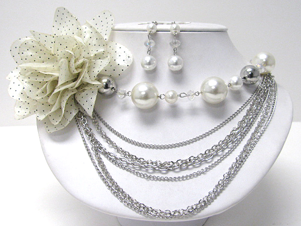MULTI METAL AND PEARL CHAIN AND FABRIC FLOWER CORSAGE NECKLACE EARRING SET