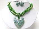 SHELL HEART PENDANT AND WOOD AND GLASS MIX BRAIDED NECKALCE EARRING SET
