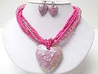 SHELL HEART PENDANT AND WOOD AND GLASS MIX BRAIDED NECKALCE EARRING SET