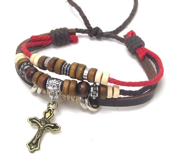 CROSS CHARM AND MULTI WOODEN CHIP 3 LAYERED FRIENDSHIP BRACELET