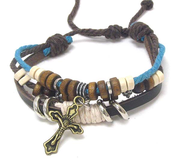 CROSS CHARM AND MULTI WOODEN CHIP 3 LAYERED FRIENDSHIP BRACELET