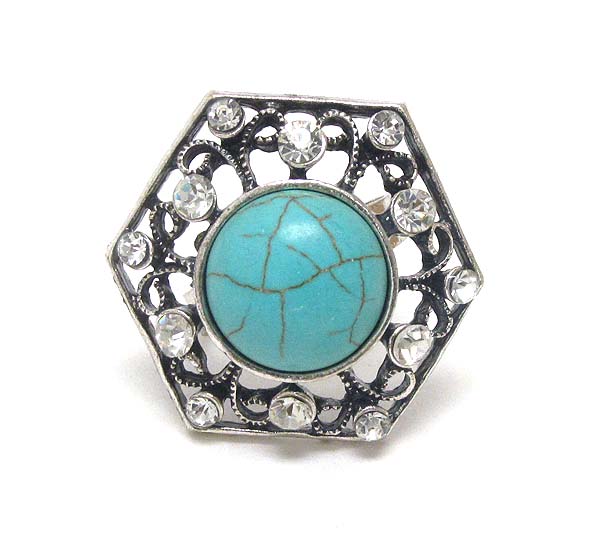 TURQUOISE CENTER AND METAL FILIGREE ADJUSTABLE RING