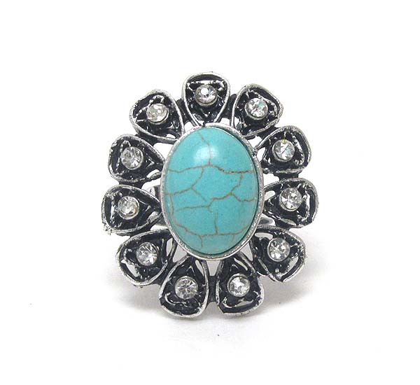 TURQUOISE CENTER AND METAL FILIGREE ADJUSTABLE RING