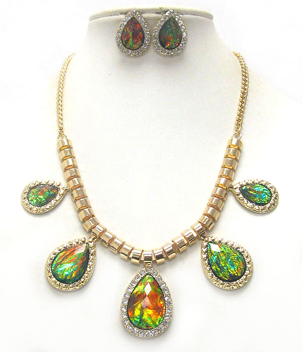 MULTI ABALONE FINISH TEARDROP AND CRYSTAL EDGE DECO NECKLACE EARRING SET