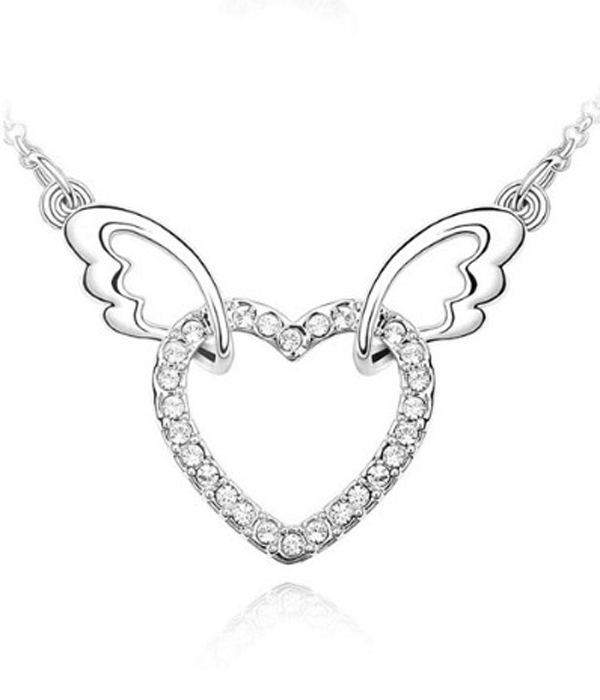 CRYSTAL HEART AND ANGEL WING PENDANT NECKLACE