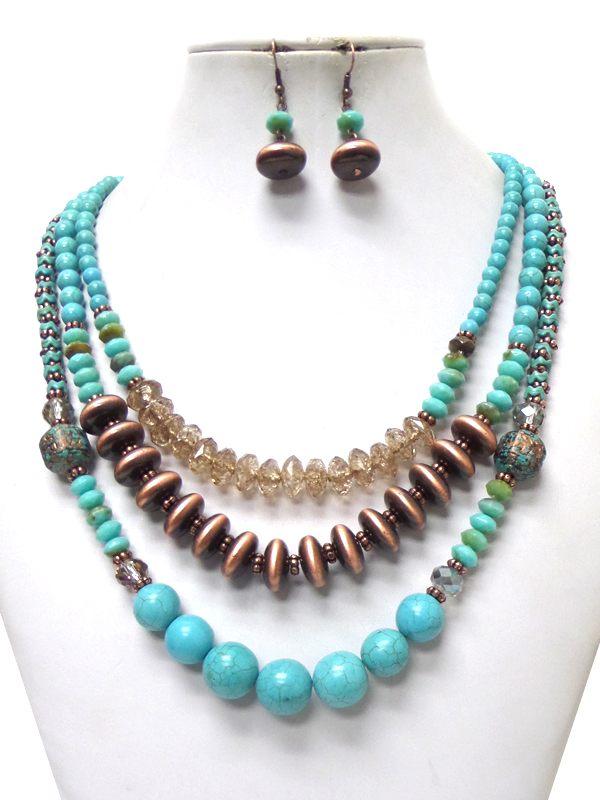 3 LAYER MULTI SIZE BEADS AND STONES NECKLACE SET