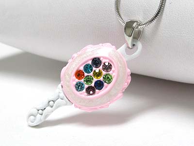MADE IN KOREA WHITEGOLD PLATING CRYSTAL METAL EPOXY MINIATURE HAND MIRROR PENDANT NECKLACE