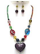 MURANO GLASS HEART PENDANT AND GLASS ART BEADS NECKLACE EARRING SET - Wholesale Jewelry