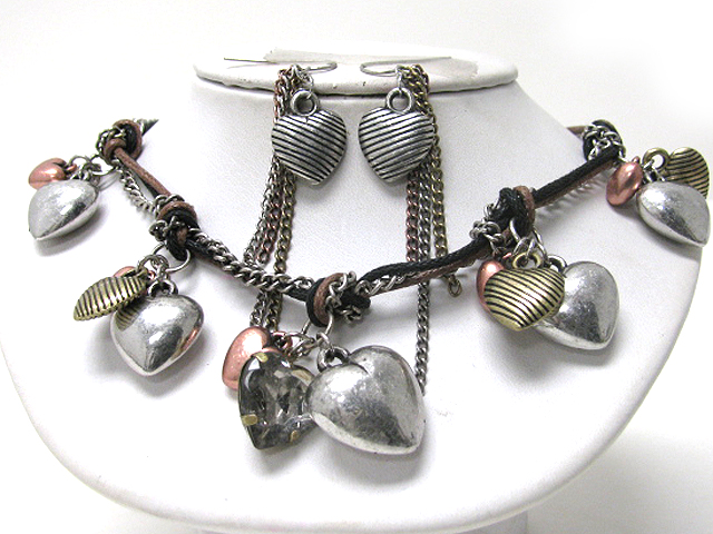 MULTI METAL HEARTS DANGLE SUEDE AND METAL CHAIN TIED NECKLACE EARRING SET