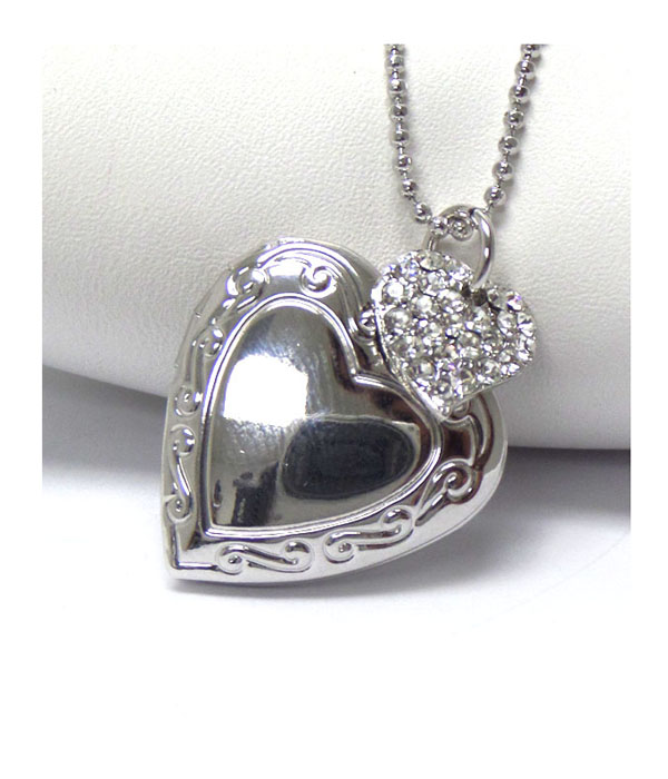 MADE IN KOREA WHITEGOLD PLATING CRYSTAL AND PUFFY HEART PENDANT NECKLACE -valentine