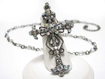 CRYSTAL CROSS AND BEADS CHAIN NECKLACE