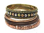 WOOD AND MULTI METAL BANGLE AND STRETCH BRACELET SET 