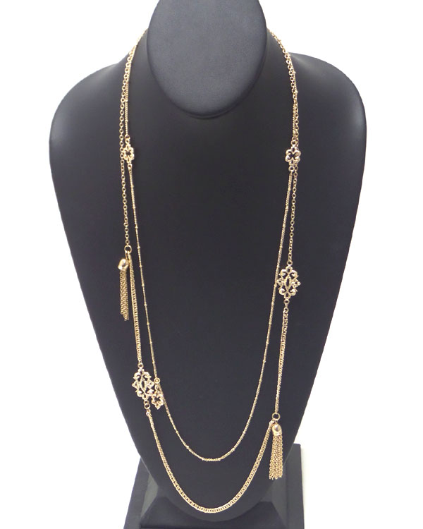 MULTI METAL FILIGREE AND CHAIN TASSEL DOUBLE LAYER LONG NECKLACE