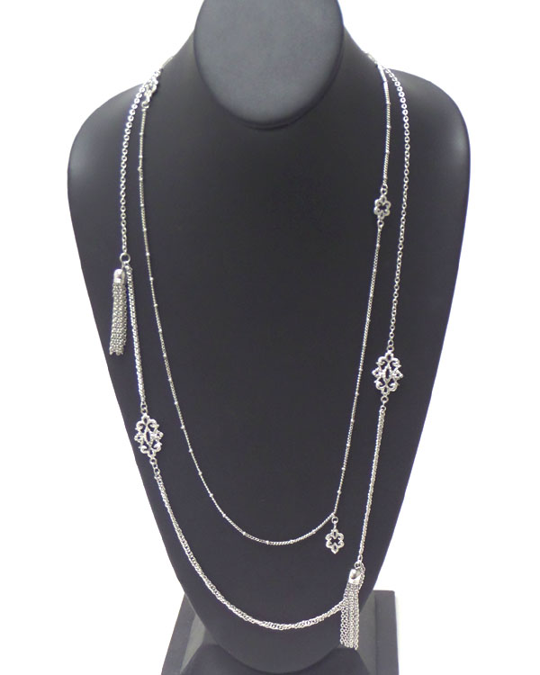 MULTI METAL FILIGREE AND CHAIN TASSEL DOUBLE LAYER LONG NECKLACE