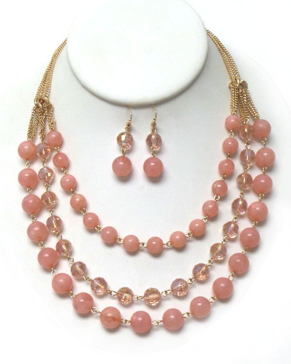MULTI ACRYLIC BALL LINK TRIPLE LAYER NECKLACE EARRING SET