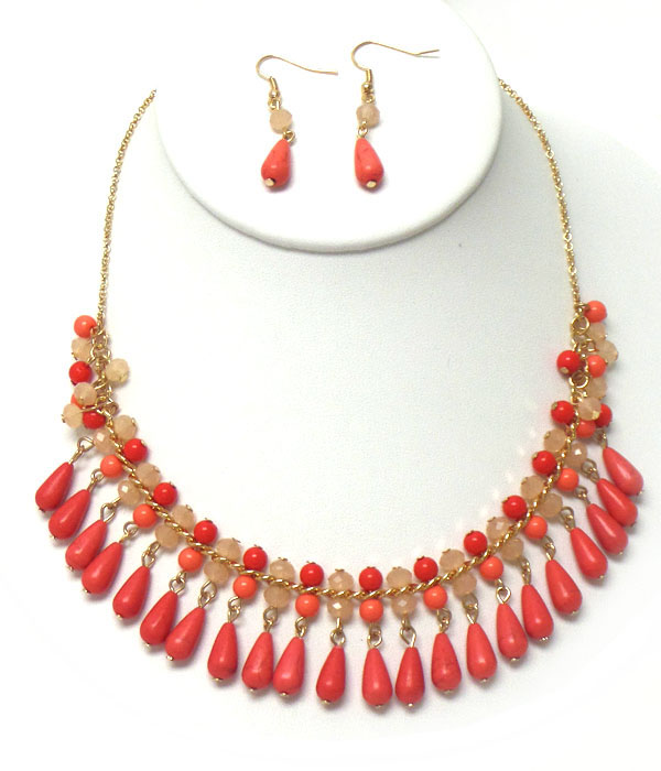MULTI CORAL STONE AND BALL DANGLE NECKLACE EARRING SET