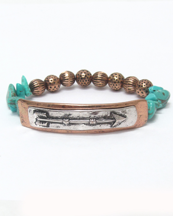 ARROW ON PLATE AND TURQUOISE AND METAL BALL STRETCH BRACELET