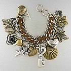 METAL LEAF HEART KEY DANGLE BRAIDED CORD ON FASHION CHAIN CHARM BRACELET