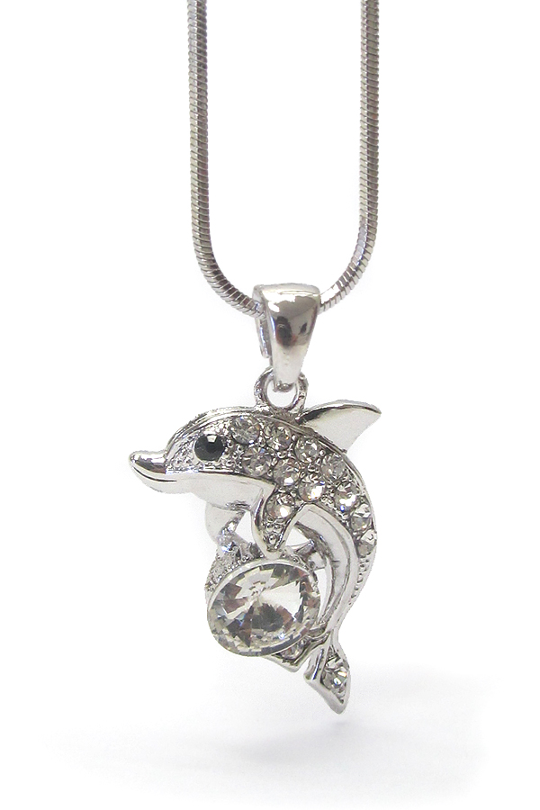 MADE IN KOREA WHITEGOLD PLATING FACET CZ AND CRYSTAL DOLPHIN PENDANT NECKLACE