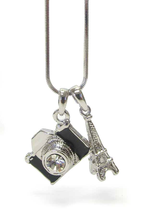 MADE IN KOREA WHITEGOLD PLATING CRYSTAL  TRAVEL THEME CAMERA AND EIFEL TOWER PENDANT NECKLACE