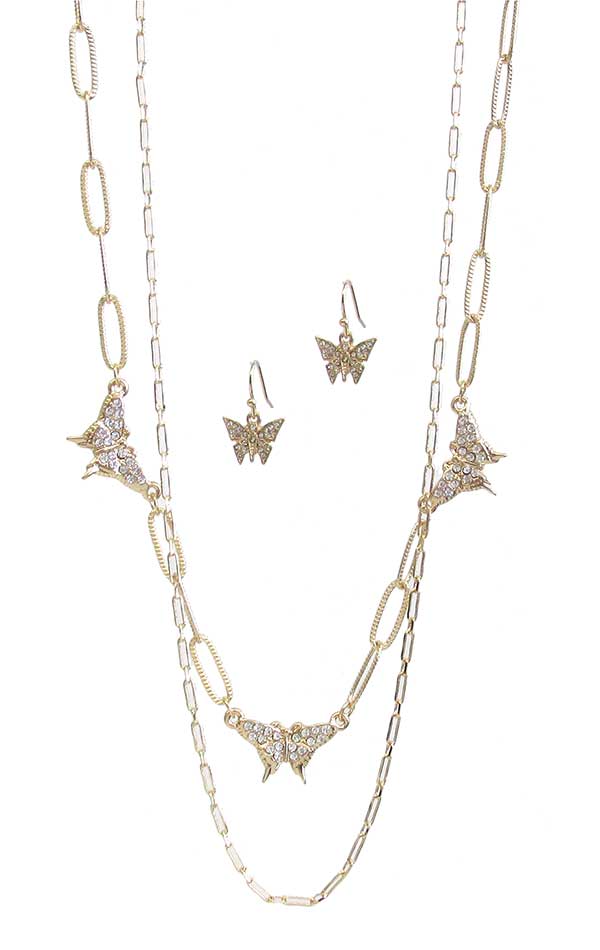 CRYSTAL BUTTERFLY LINK DOUBLE LAYER CHAIN NECKLACE SET