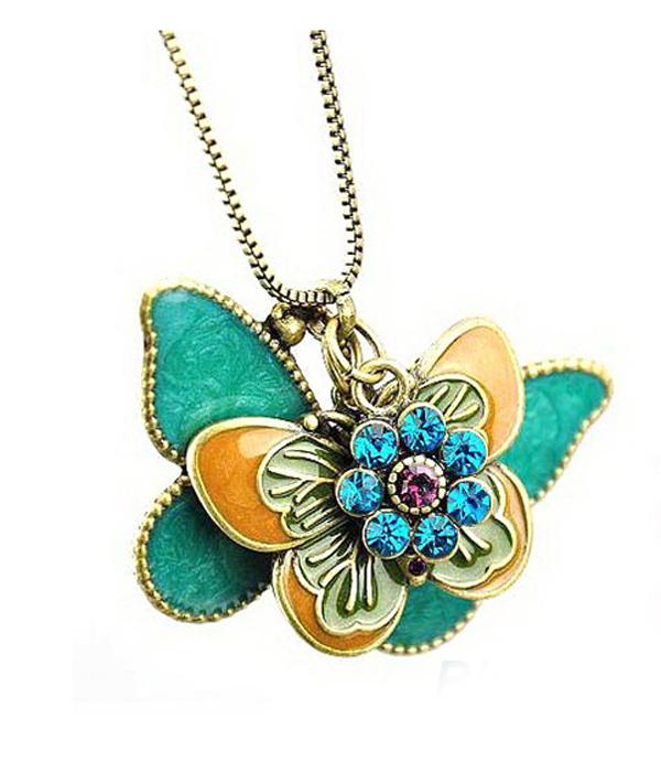 CRYSTAL AND METAL EXPOXY BUTTERFLY  PENDANT LONG NECKLACE