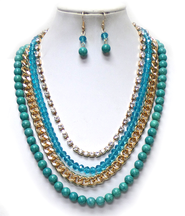 MULTI LAYER CRYSTAL AND PEARL MIX CHAIN DROP NECKLACE SET