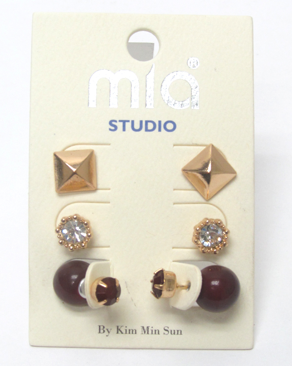 CRYSTAL AND DOUBLE SIDED MIX 3 PAIR EARRING SET