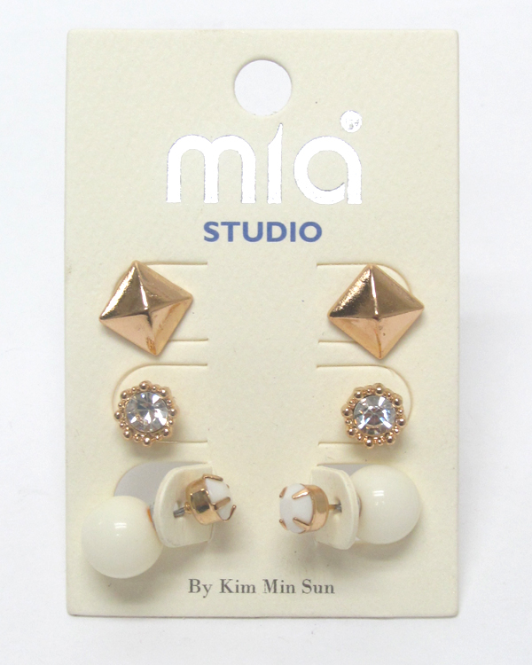 CRYSTAL AND DOUBLE SIDED MIX 3 PAIR EARRING SET