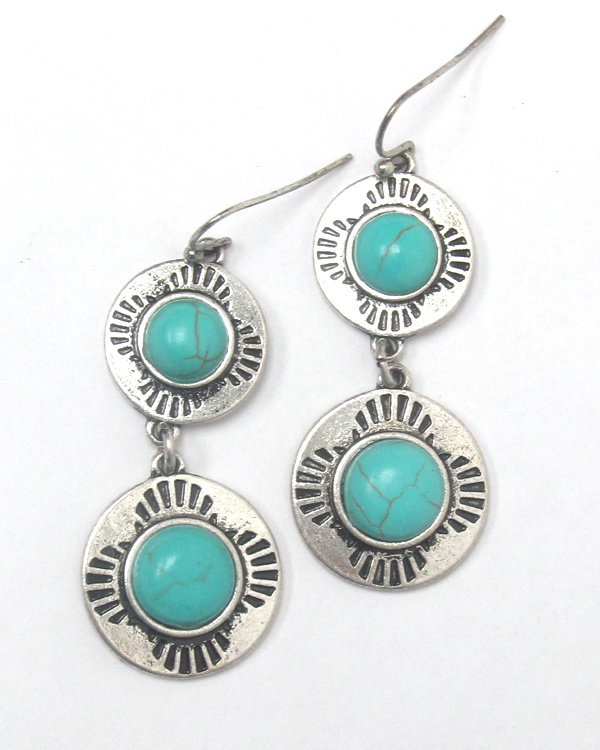 DOUBLE TURQUOISE METAL DISK DROP EARRING