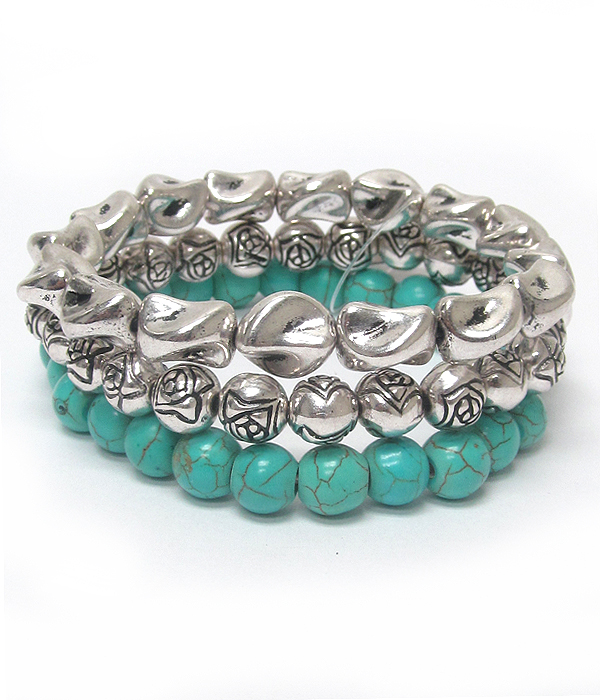 TURQUOISE AND METAL BALL 3 SET OF STRETCH BRACELET