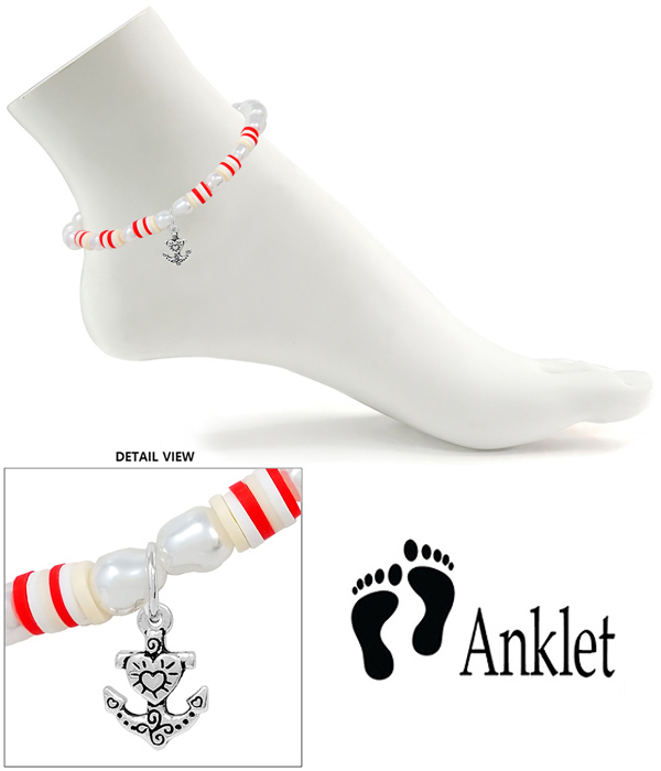 SEALIFE THEME MULTI PEARL AND BEAD MIX ANKLET - ANCHOR