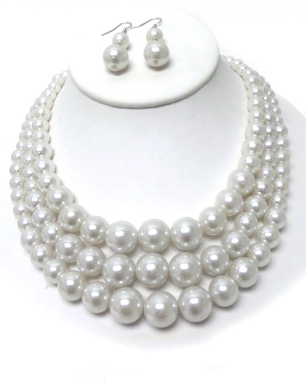 3 LAYERED PEARL CHAIN NECKLACE EARRING SET