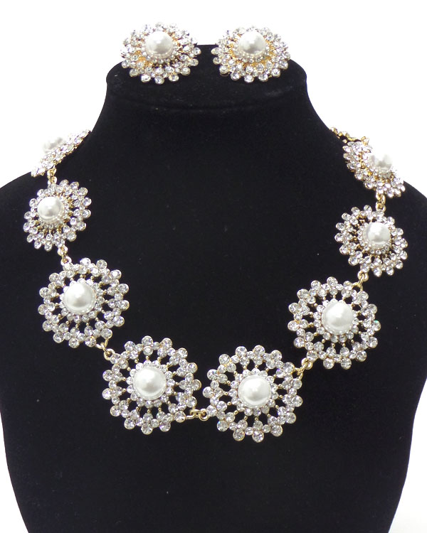 LUXURY CLASS VICTORIAN STYLE AND AUSTRIAN CRYSTAL LINKED FLOWERS AND PEARLS NECKLACE SET 