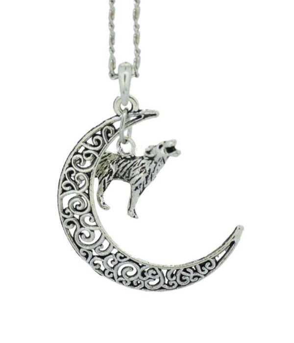 METAL FILIGREE MOON AND WOLF PENDANT NECKLACE