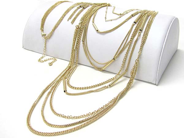 MULTI METAL TUBE AND CHAIN LONG NECKLACE EARRING SET